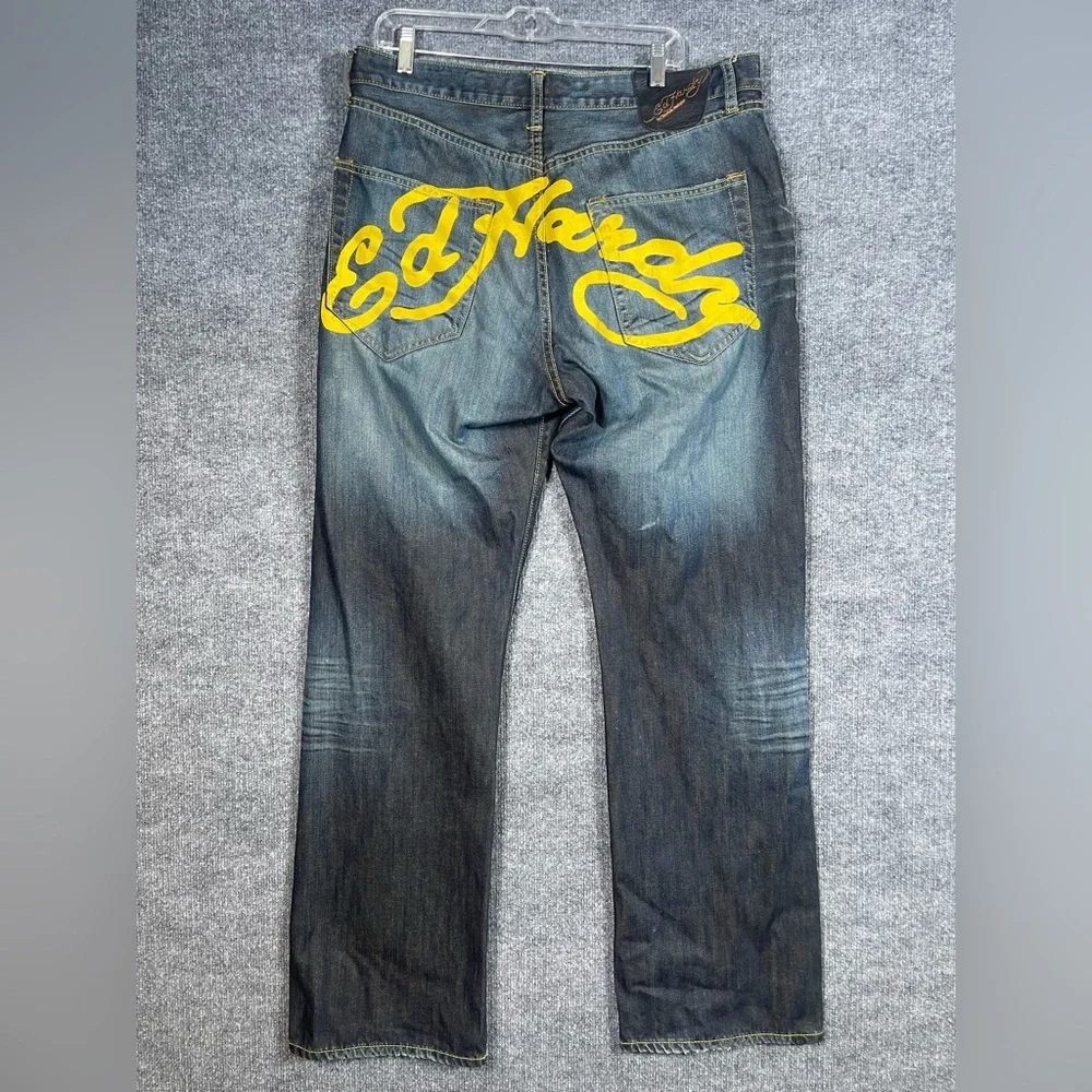 Ed Hardy Mens‎ 36X34  Yellow Logo Dark Wash Denim Distressed Designer Jeans Y2K